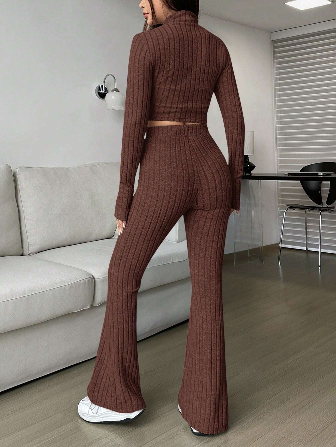 EZwear Spring ClothesWomen's Two Piece Set With Ribbed Long Sleeve Top And Flared Pants