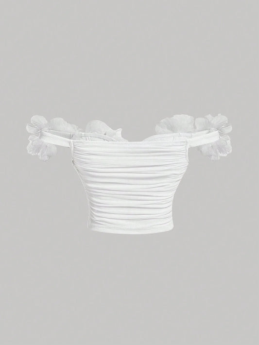 MOD Solid Color Off-Shoulder Top With 3d Flower Wrap Detail