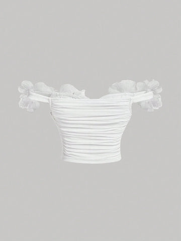 MOD Solid Color Off-Shoulder Top With 3d Flower Wrap Detail