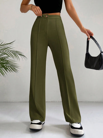 EZwear Classical Apricot High Waist Seam Detail Straight Leg Pants