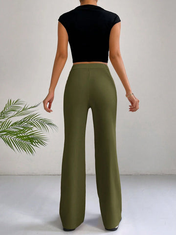 EZwear Classical Apricot High Waist Seam Detail Straight Leg Pants