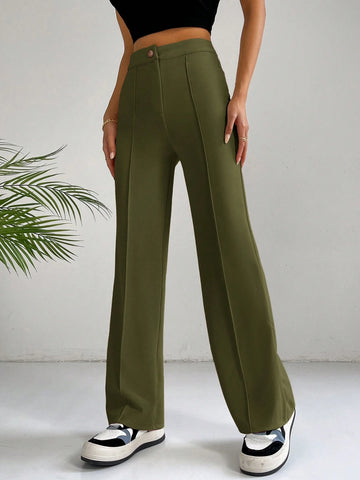 EZwear Classical Apricot High Waist Seam Detail Straight Leg Pants