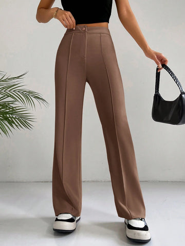 EZwear Classical Apricot High Waist Seam Detail Straight Leg Pants