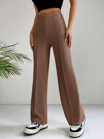 EZwear Classical Apricot High Waist Seam Detail Straight Leg Pants