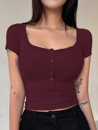 Solid Color Front Button Short Sleeve Casual Top