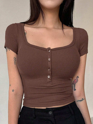 Solid Color Front Button Short Sleeve Casual Top