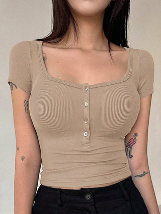 Solid Color Front Button Short Sleeve Casual Top