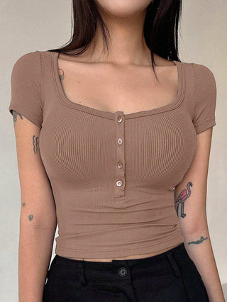 Solid Color Front Button Short Sleeve Casual Top