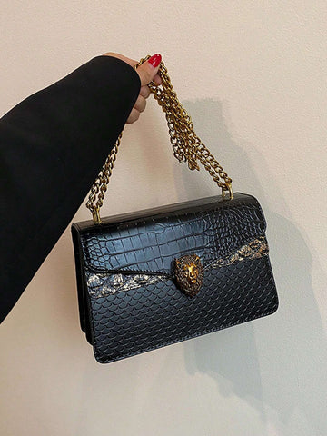 Women's Crocodile Pattern Vintage Chain Square Bag