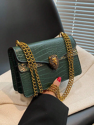 Women's Crocodile Pattern Vintage Chain Square Bag