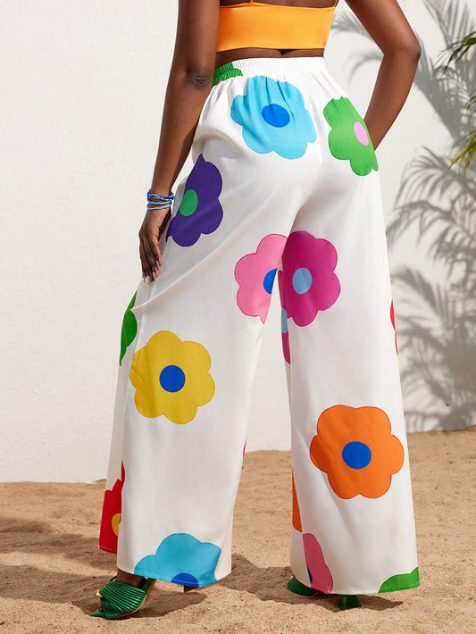 Slayr Summer Casual Vacation Colorful Flower All-Over Printed Wide-Leg Pants