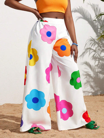 Slayr Summer Casual Vacation Colorful Flower All-Over Printed Wide-Leg Pants