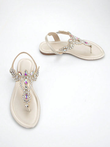 Women Rhinestone Decor Ankle Strap Thong Sandals