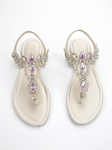 Women Rhinestone Decor Ankle Strap Thong Sandals