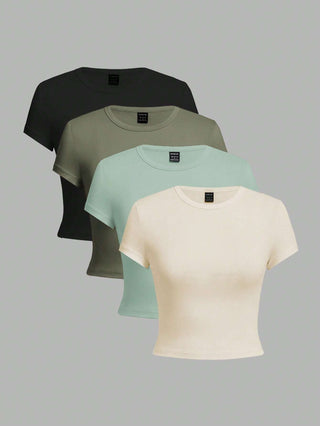 4pcs/Set Casual Versatile Round Neck Short Sleeve Shirt