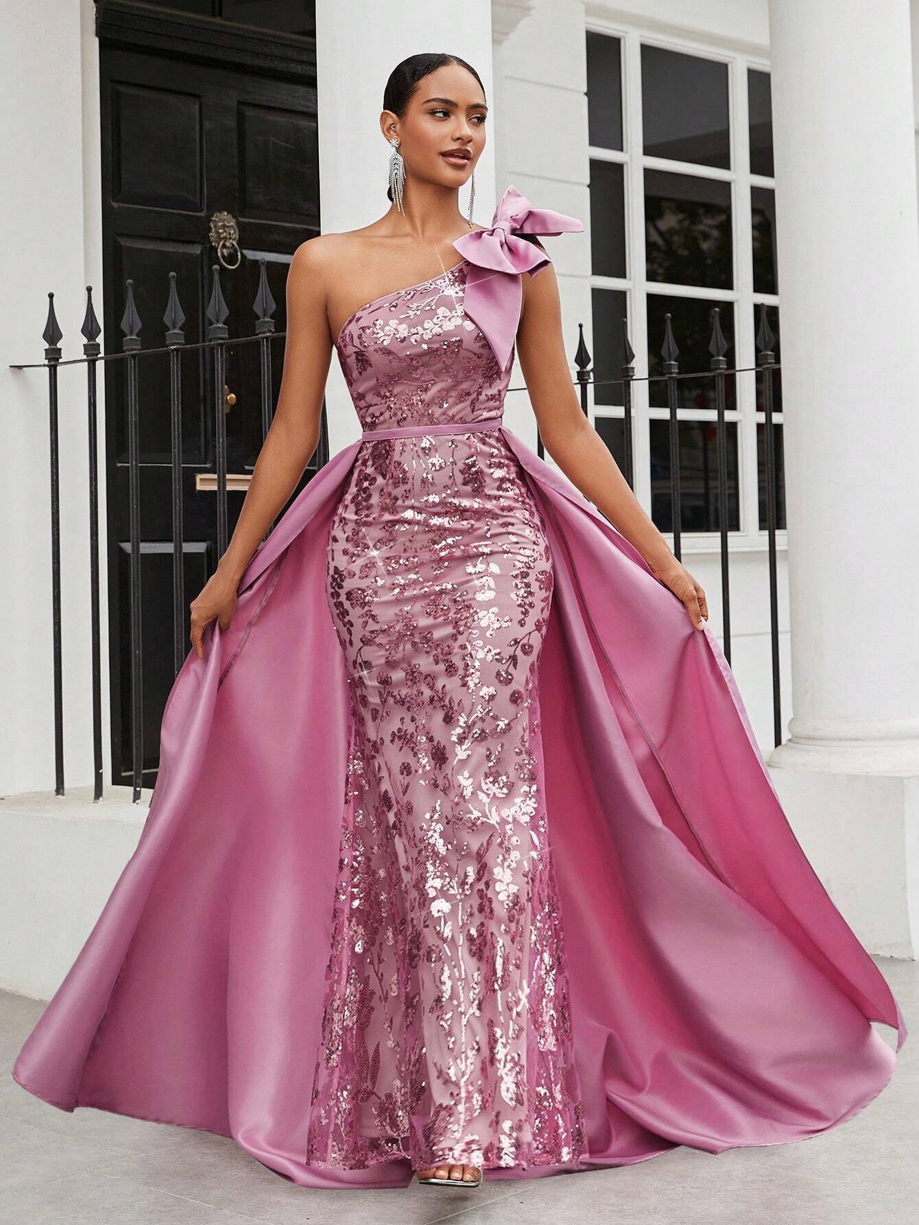 Belle Women's Gorgeous Sequin Shoulder Bowknot Maxi Evening Dress