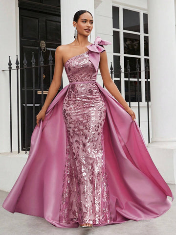 Belle Women's Gorgeous Sequin Shoulder Bowknot Maxi Evening Dress