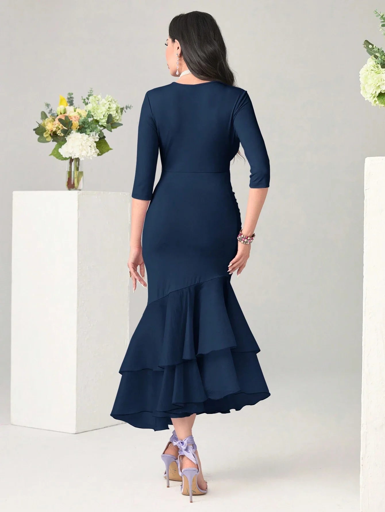 Modely Solid Color V Neck Fit & Flare Dress With Ruffle Hem And Fishtail Dress