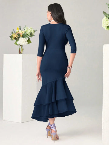 Modely Solid Color V Neck Fit & Flare Dress With Ruffle Hem And Fishtail Dress