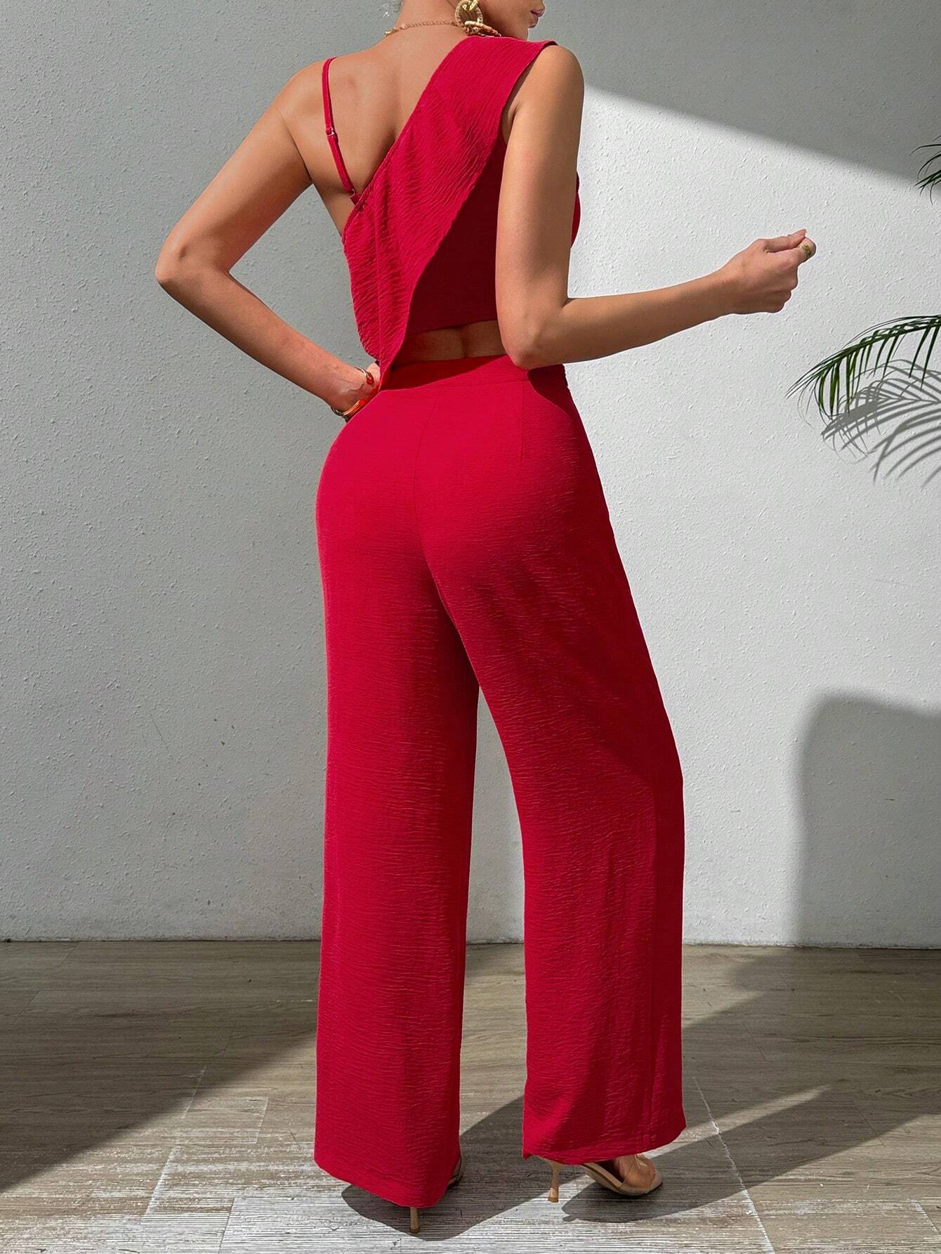 VCAY Red High Waist Irregular Shoulder Ruffle Trim Top And Wide Leg Pants