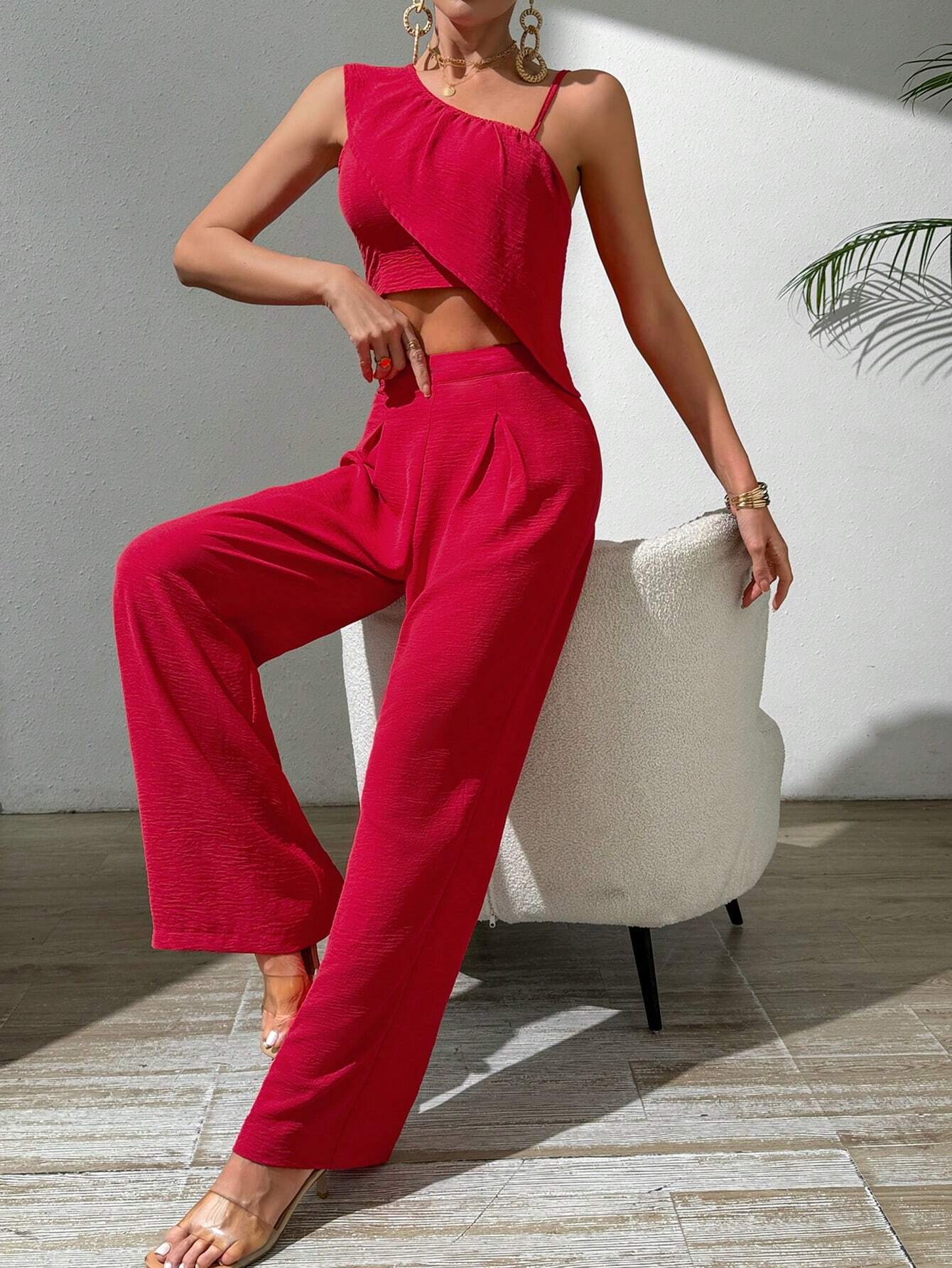 VCAY Red High Waist Irregular Shoulder Ruffle Trim Top And Wide Leg Pants