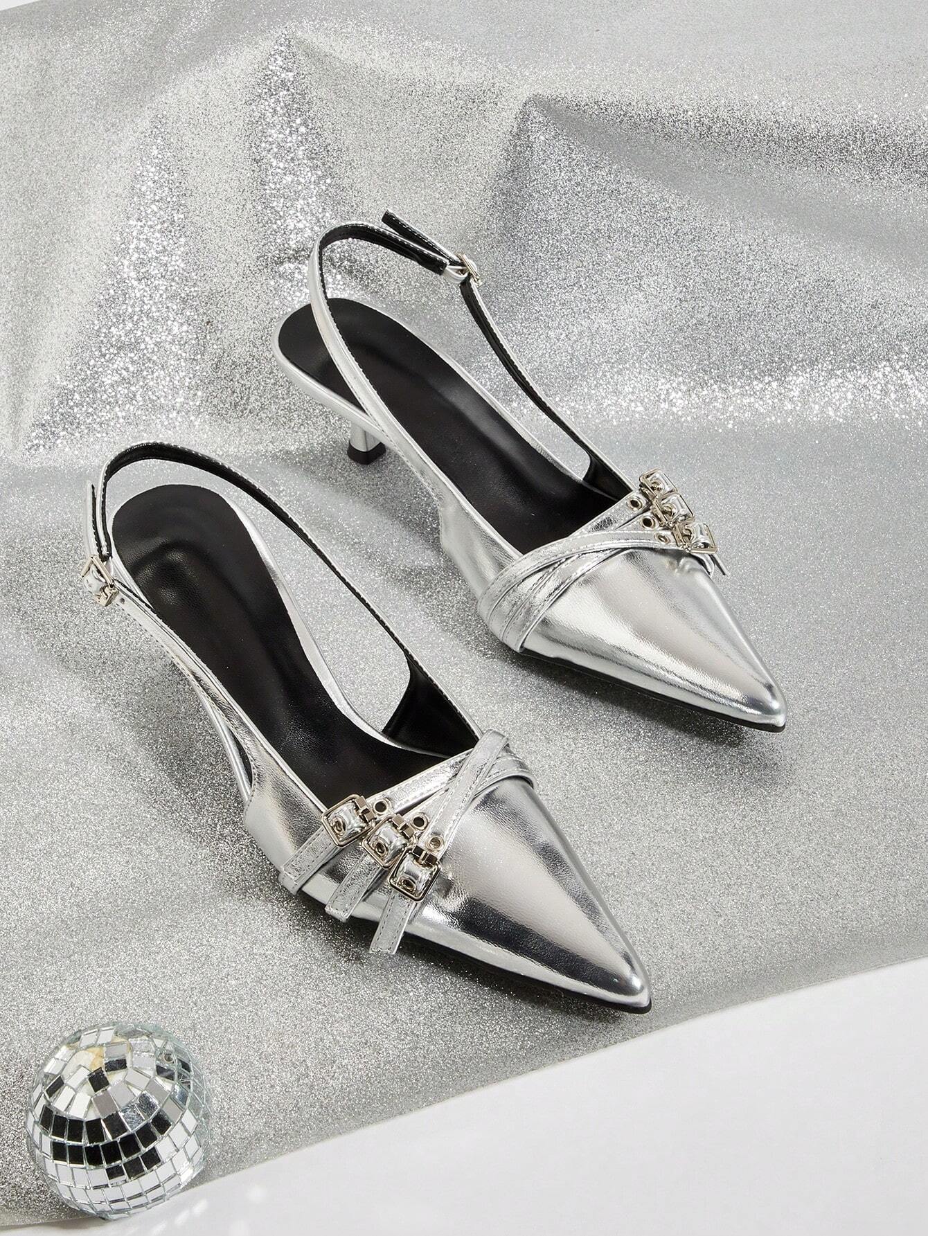 Wedding Party Sexy Patent Leather Pointed Toe Metal Buckle Strap Stiletto High Heels