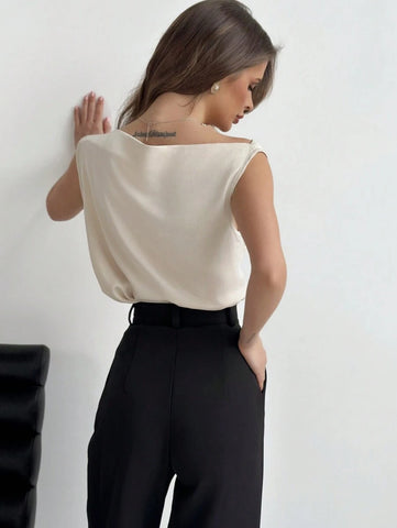 Asymmetrical Ruched Neckline Sleeveless Women Blouse