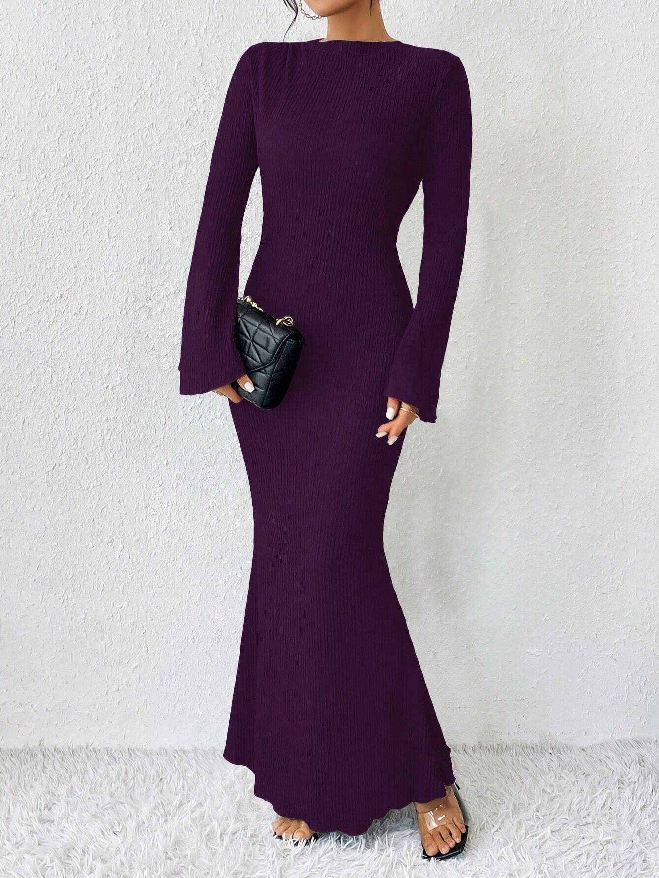 Raffinéa Solid Color Trumpet Sleeve Mermaid Dress