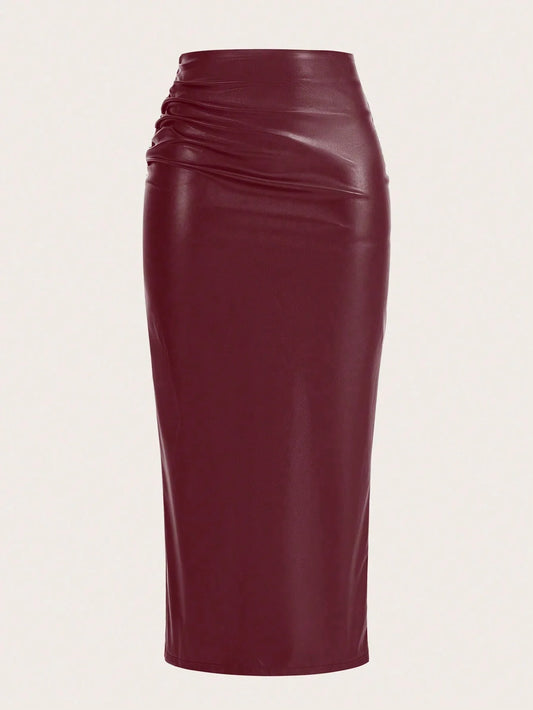 Raffin�a Solid Color Pleated Back Zipper Slit Skirt