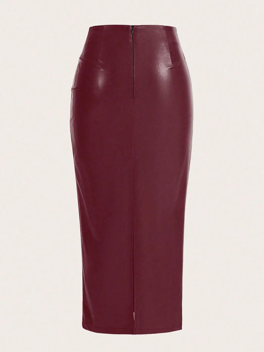 Raffin�a Solid Color Pleated Back Zipper Slit Skirt