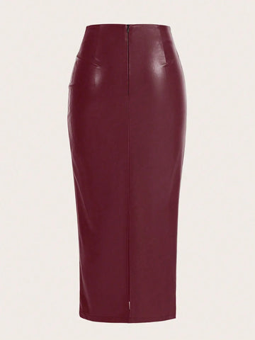 Raffin�a Solid Color Pleated Back Zipper Slit Skirt