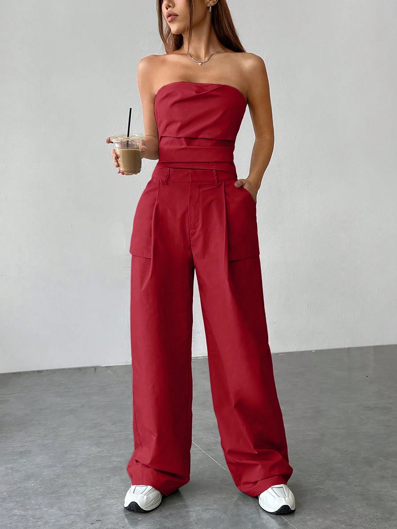 EZwear Leisure Style Solid Color Strapless Top And Flat Front Pants