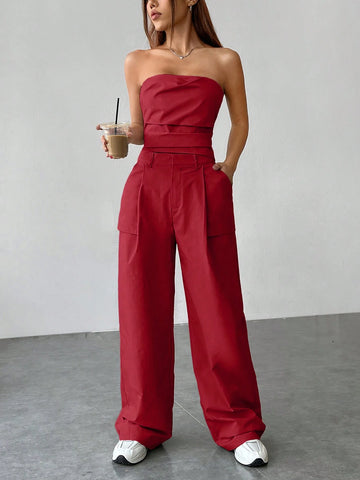 EZwear Leisure Style Solid Color Strapless Top And Flat Front Pants