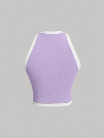 MOD White Color Block Button Decorated Rolled Hem Tank Top
