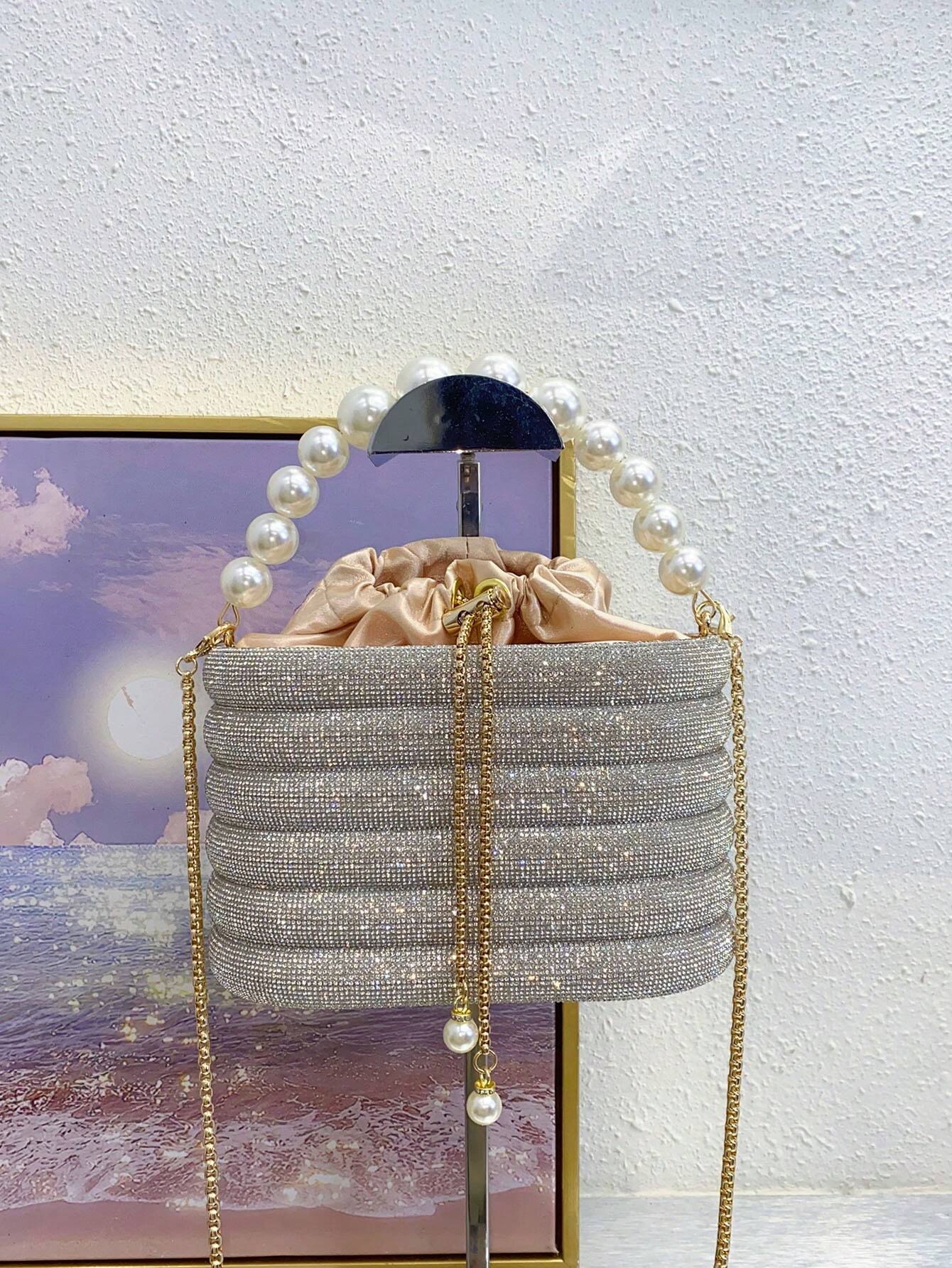 Luxury Women's Bridal Wedding Pearl Purse Party Prom Glitter Bling Rhinestone Clutches Handbag
