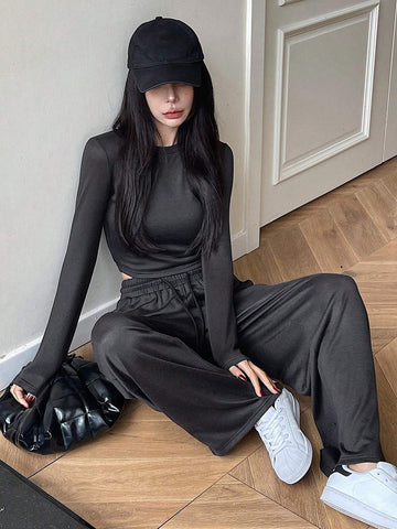 DAZY 2pcs/Set Solid Color Round Neck Slim Fit Long Sleeve Women's T-Shirt And Loose Long Pants