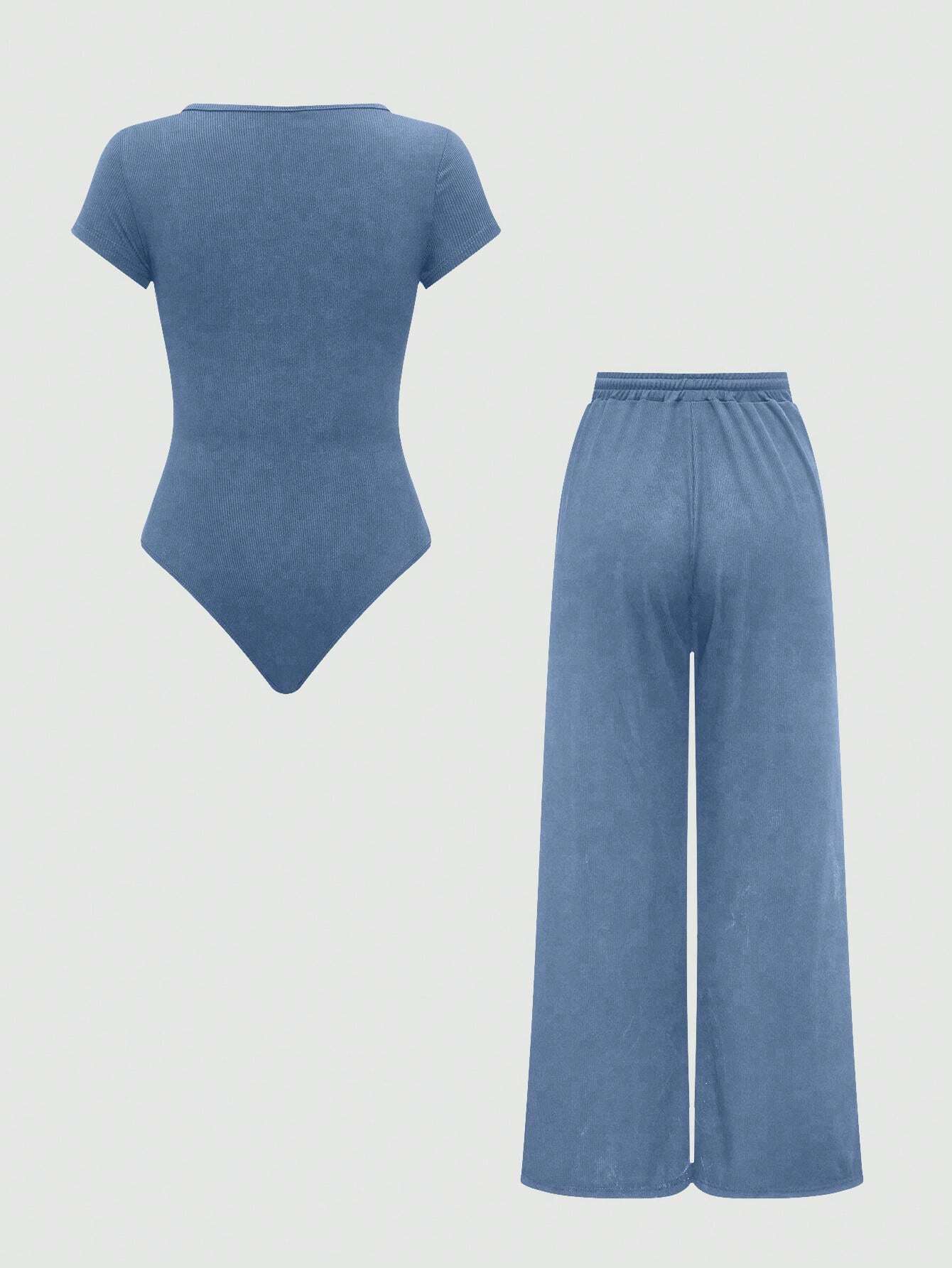 EZwear Plain Color Asymmetric Hem Top And Pants Two Piece Set