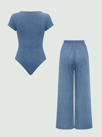 EZwear Plain Color Asymmetric Hem Top And Pants Two Piece Set