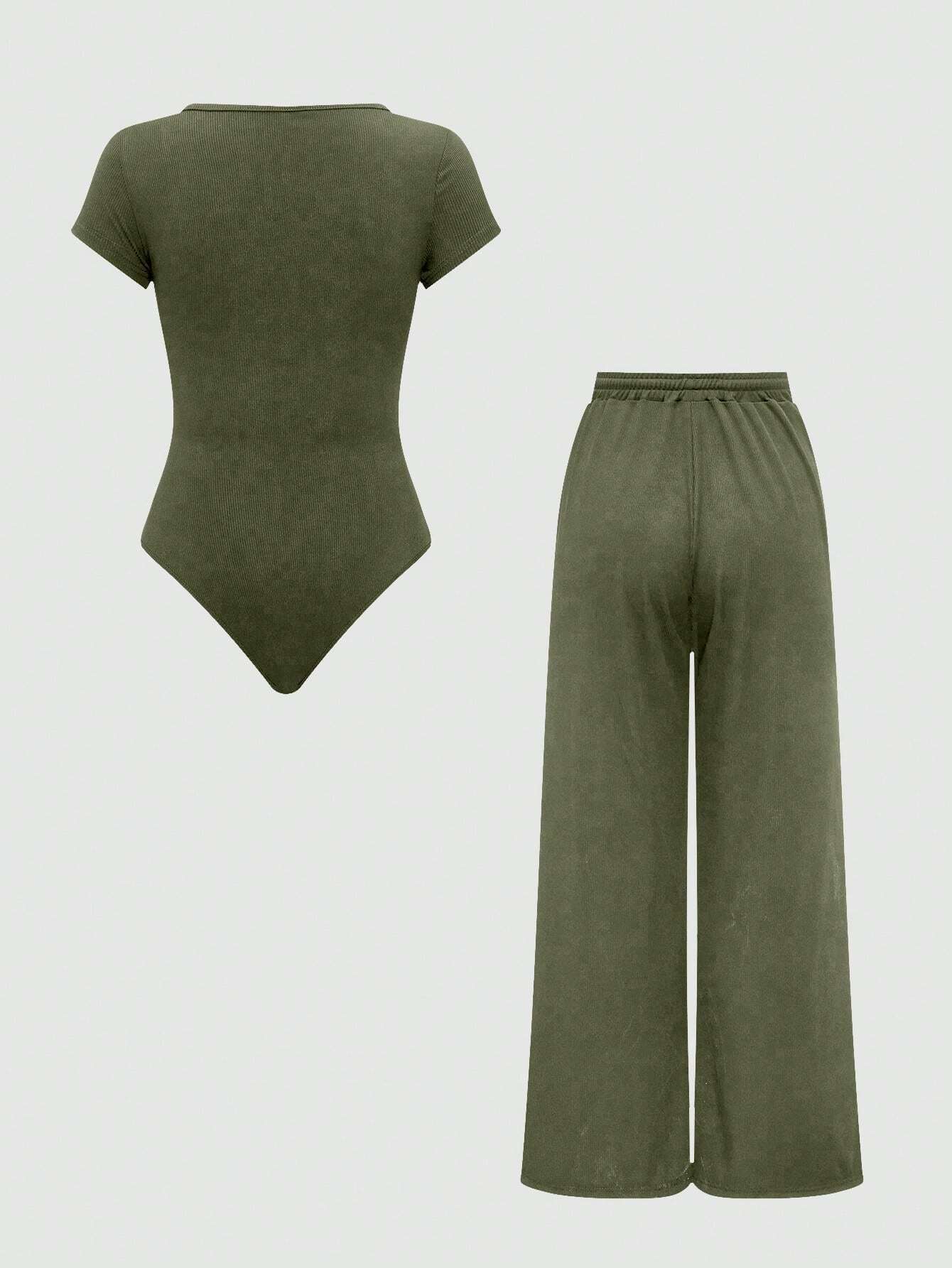 EZwear Plain Color Asymmetric Hem Top And Pants Two Piece Set