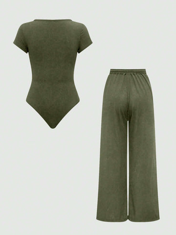 EZwear Plain Color Asymmetric Hem Top And Pants Two Piece Set