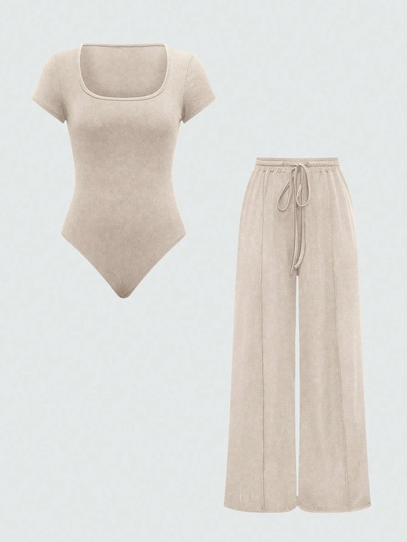 EZwear Plain Color Asymmetric Hem Top And Pants Two Piece Set