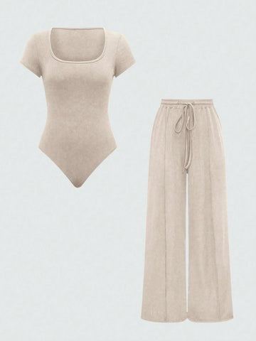 EZwear Plain Color Asymmetric Hem Top And Pants Two Piece Set