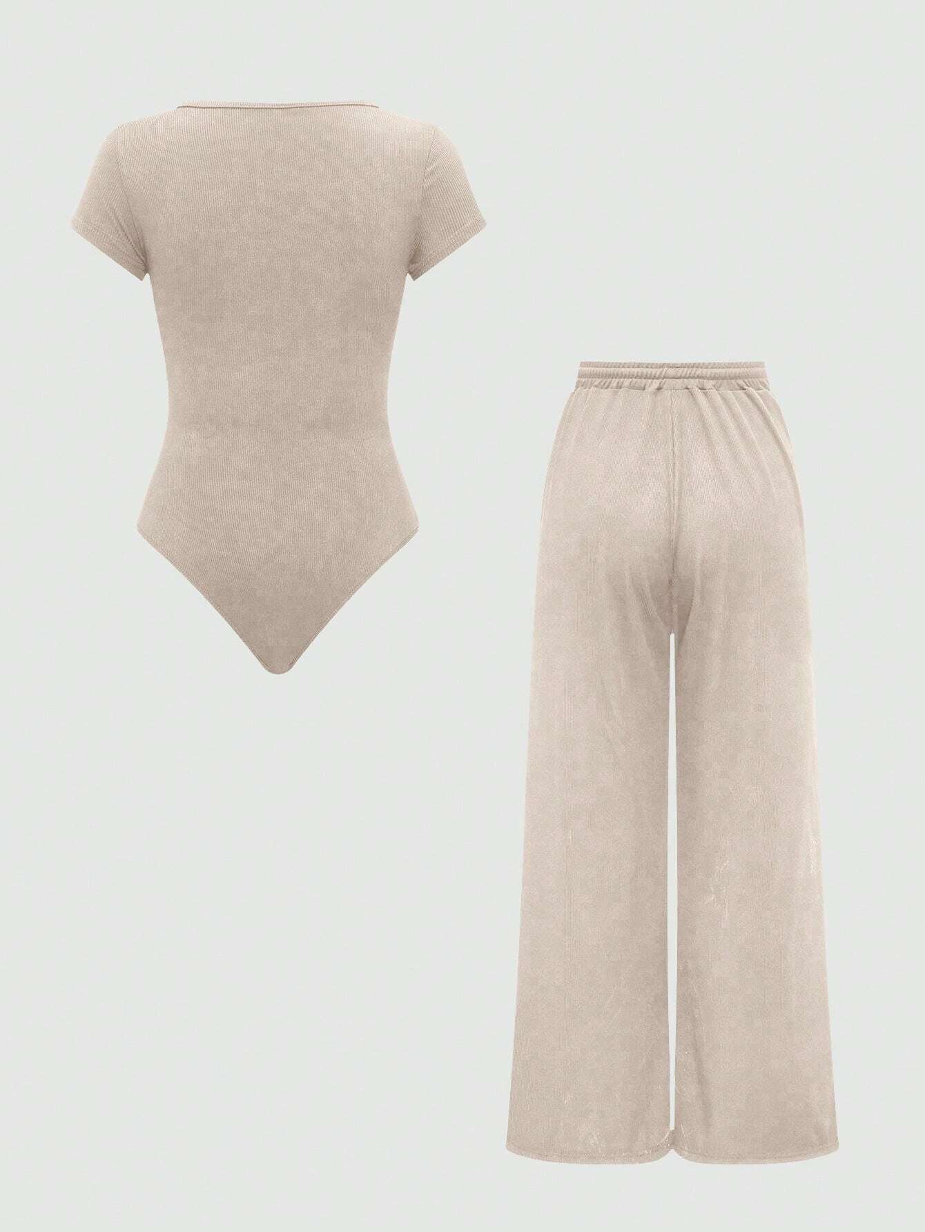 EZwear Plain Color Asymmetric Hem Top And Pants Two Piece Set