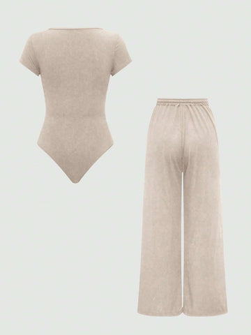 EZwear Plain Color Asymmetric Hem Top And Pants Two Piece Set