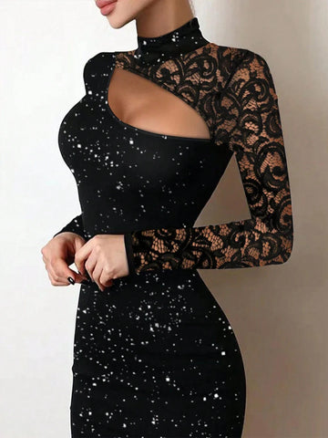 BAE Women Sexy Hollow Out Lace Splice Bodycon Sparkling Black Dress