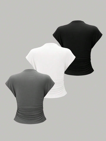 Essnce 3pcs Stand Collar & Pleated Design T-Shirt