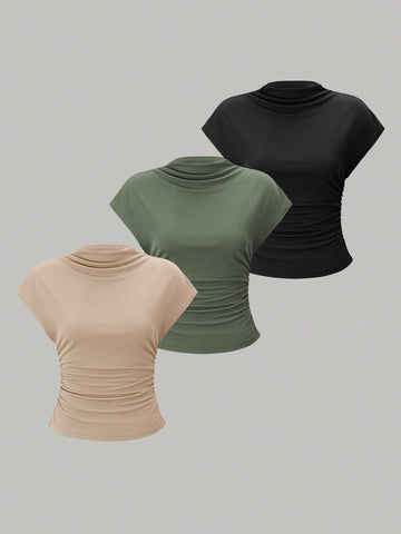 Essnce 3pcs Stand Collar & Pleated Design T-Shirt