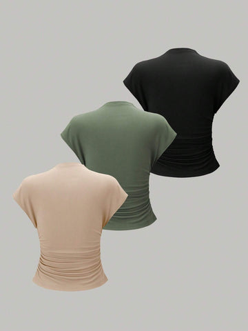 Essnce 3pcs Stand Collar & Pleated Design T-Shirt