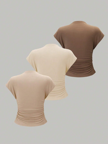 Essnce 3pcs Stand Collar & Pleated Design T-Shirt