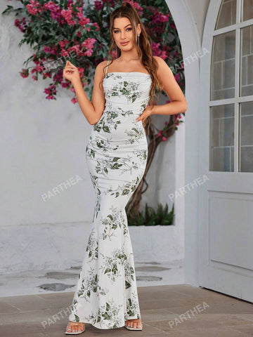 PARTHEA Solid Ruched Bodycon Formal Gown